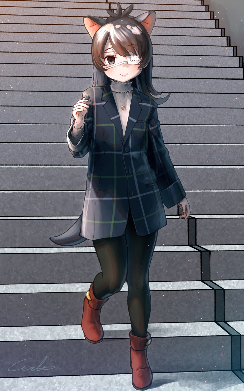 1girl absurdres alternate_costume animal_ears australian_devil_(kemono_friends) black_eyes black_hair black_legwear blush boots casual coat collar commentary empty_eyes extra_ears eyebrows_visible_through_hair eyepatch frilled_collar frills full_body grey_coat high_collar highres jewelry kemono_friends long_hair long_sleeves medical_eyepatch necklace pantyhose plaid_coat red_footwear shirt signature smile solo stairs tail tasmanian_devil_ears tasmanian_devil_tail welt_(kinsei_koutenkyoku) white_shirt