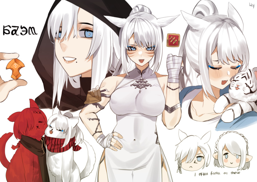 1boy 1girl animal_ears bandaged_hands bandages bangs blue_eyes breasts china_dress chinese_clothes covered_navel dress facial_mark fangs final_fantasy final_fantasy_xiv highres hood lilycious medium_breasts miqo'te mole mole_under_mouth open_mouth parted_bangs ponytail scarf tiger white_hair white_tiger