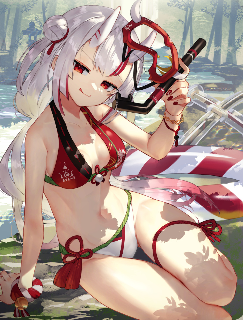1girl :q absurdres arm_support bare_arms bare_shoulders bikini bracelet breasts closed_mouth goggles gradient_hair groin hair_bun halterneck hand_up head_tilt highres hololive horns innertube jewelry kouhaku_nawa long_hair looking_at_viewer medium_breasts mismatched_bikini multicolored_hair nail_polish nakiri_ayame navel oni_horns red_bikini red_eyes red_nails rope sitting smile smug snorkel solo stomach sukocchi swimsuit thigh_gap thigh_strap thighs tongue tongue_out very_long_hair virtual_youtuber white_bikini white_hair