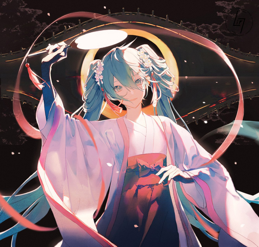 1girl 39 alternate_costume aqua_eyes aqua_hair arm_up bangs blue_eyes blue_hair bridge chinese_clothes chuushuu_meigetsu_miku commentary fan flower hagoromo hair_between_eyes hair_flower hair_ornament hatsune_miku highres holding holding_fan lirseven long_hair long_skirt long_sleeves looking_at_viewer open_mouth paper_fan red_skirt sash shawl skirt smile solo standing twintails uchiwa upper_body very_long_hair vocaloid white_flower white_robe wide_sleeves