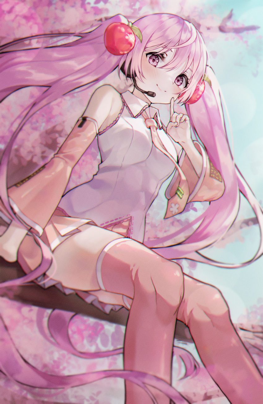 1girl absurdres blush cherry_blossoms cherry_hair_ornament detached_sleeves food_themed_hair_ornament hair_ornament han_seol hatsune_miku headset highres huge_filesize index_finger_raised long_hair looking_at_viewer necktie pink_eyes pink_hair pink_legwear pink_neckwear pink_skirt sakura_miku sitting skirt smile solo thigh-highs twintails very_long_hair vocaloid
