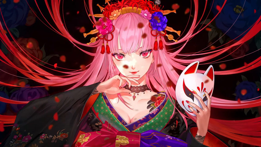 breasts cherry_blossoms collar facing_viewer highres hololive hololive_english japanese_clothes kimono large_breasts long_hair looking_at_viewer mask mask_removed mori_calliope solo