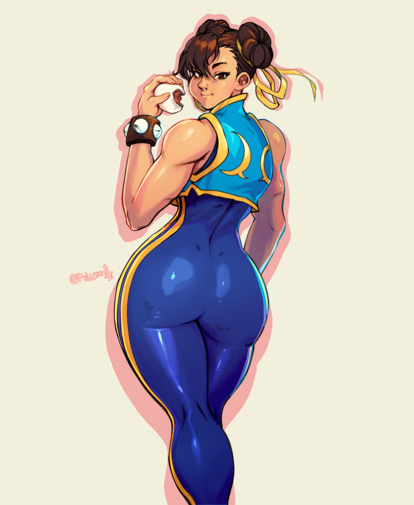1girl absurdres alternate_costume ass baozi bare_shoulders bodysuit brown_eyes capcom chun-li eating food highres leotard looking_at_viewer looking_back relusionh sleeveless solo street_fighter street_fighter_zero_(series) studded_bracelet thighs