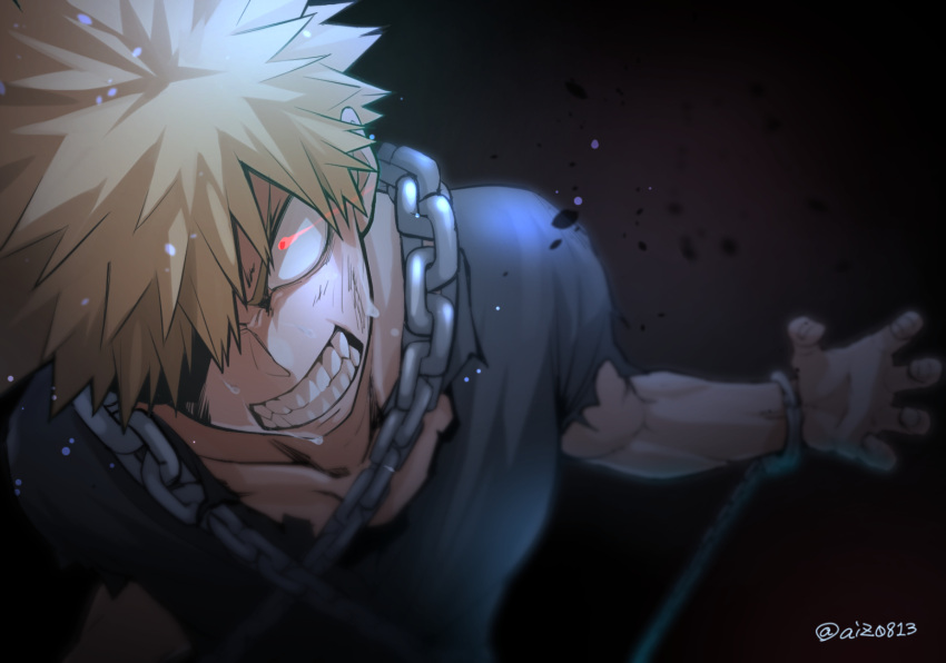 1boy angry artist_name bakugou_katsuki bangs black_background blonde_hair boku_no_hero_academia chain chained collarbone commentary_request glowing glowing_eye grey_shirt highres looking_at_viewer male_focus red_eyes sharp_teeth shirt short_hair short_sleeves solo spiky_hair teeth tonomayo twitter_username upper_body