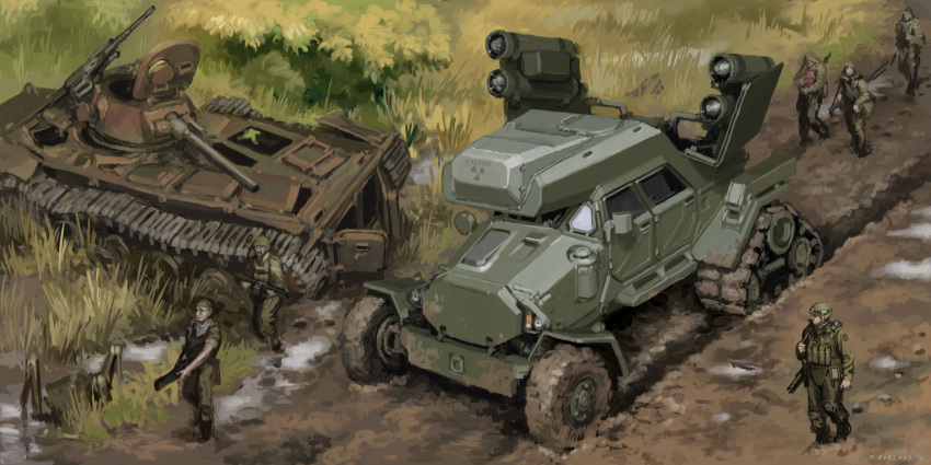 6+boys absurdres caterpillar_tracks english_commentary from_above ground_vehicle gun helmet highres holding holding_gun holding_weapon looking_to_the_side mike_doscher military military_vehicle motor_vehicle multiple_boys original tank tank_turret truck vehicle_focus walking weapon