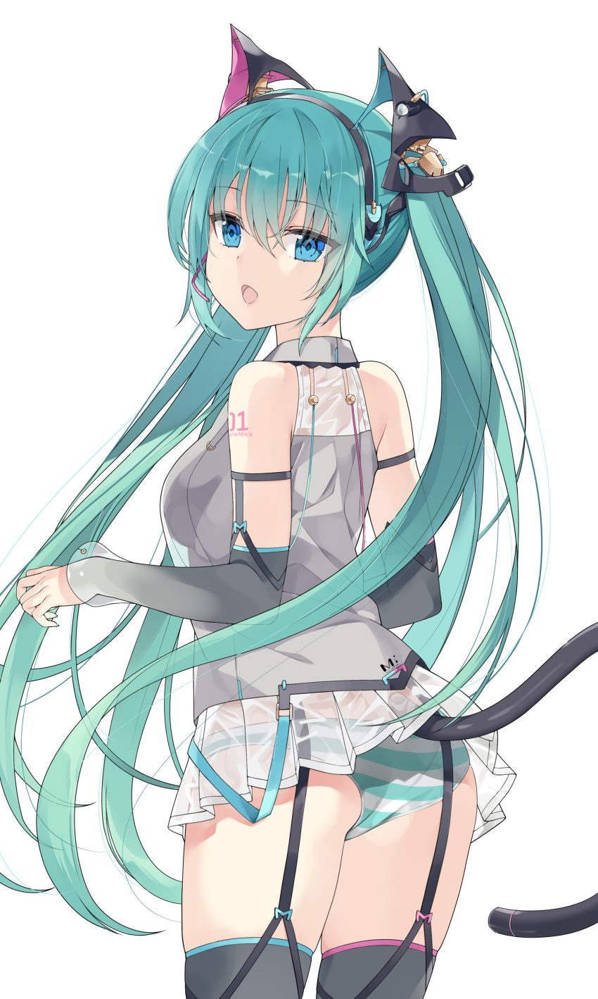 1girl :o absurdres animal_ears aqua_hair ass bangs bare_shoulders black_legwear black_sleeves blue_eyes cat_ears cat_tail chinese_commentary collared_shirt commentary detached_sleeves eyebrows_visible_through_hair fake_animal_ears fake_tail grey_shirt hair_between_eyes hatsune_miku highres jyt long_hair long_sleeves looking_at_viewer looking_back open_mouth panties see-through shirt simple_background sleeveless sleeveless_shirt striped striped_panties tail thigh-highs twintails underwear very_long_hair vocaloid white_background