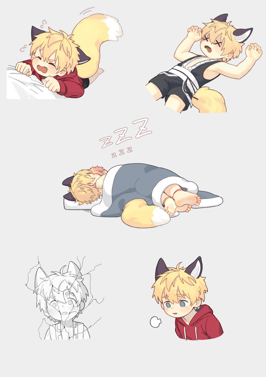 &gt;_&lt; 1boy absurdres animal_ears barefoot blonde_hair blue_eyes blush bokustar_fox fox_boy fox_ears fox_tail grey_background hair_between_eyes highres hood hoodie male_focus multiple_views original simple_background sleeping tail under_covers x_x zzz