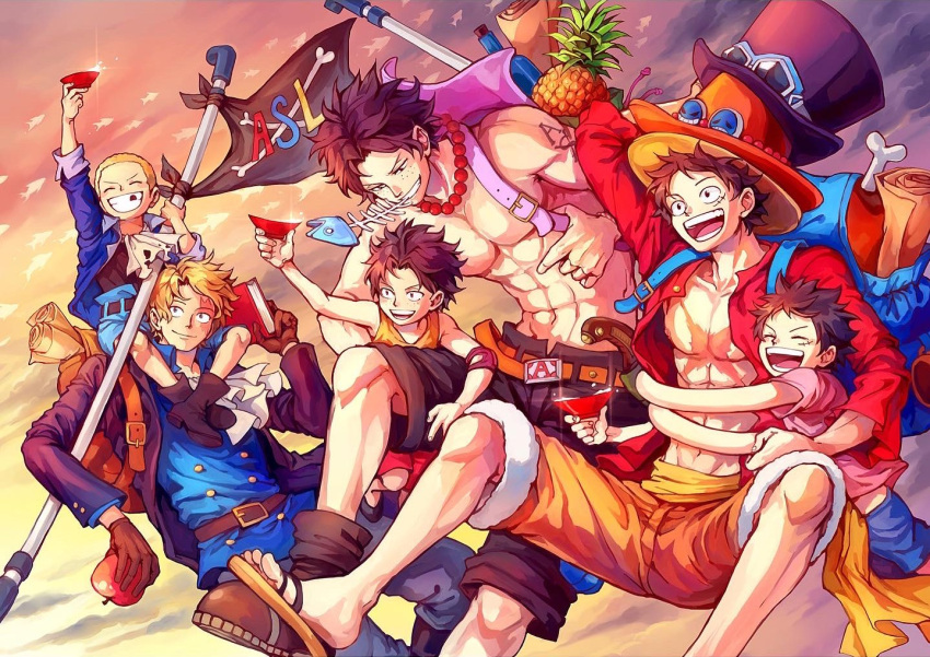 6+boys :d abs aokamei apple belt black_coat black_hair black_shorts blush brothers buzz_cut child coat cup denim feet_out_of_frame flag food freckles fruit hat hug jeans male_focus monkey_d._luffy multiple_boys muscular muscular_male navel one_piece open_clothes open_coat open_mouth open_shirt orange_shorts pants pectorals pineapple pipe portgas_d._ace sabo_(one_piece) sandals scar scar_across_eye scar_on_cheek scar_on_chest scar_on_face shirtless short_hair shorts siblings smile straw_hat time_paradox very_short_hair younger
