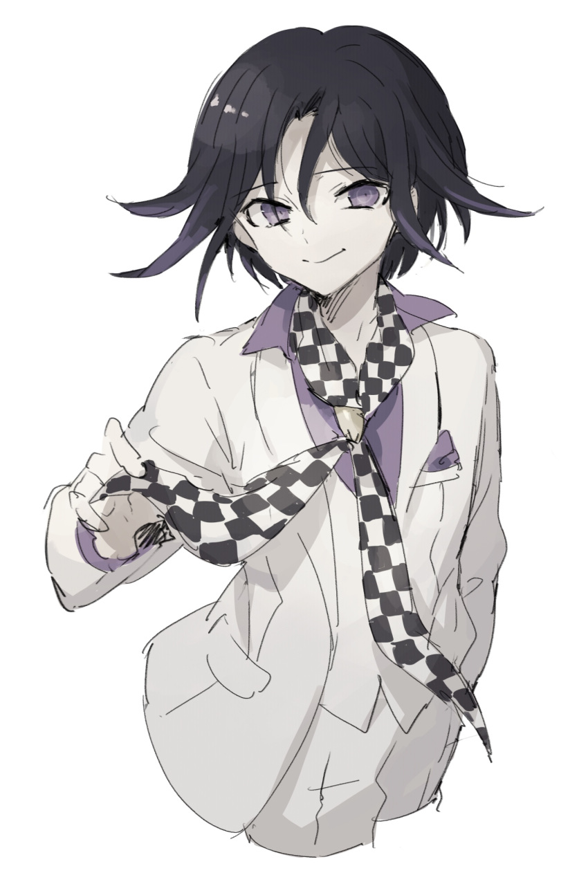 1boy asuna_(doruru-mon) bangs black_hair breast_pocket checkered checkered_floor checkered_neckwear checkered_scarf closed_mouth commentary_request cowboy_shot cropped_legs dangan_ronpa_(series) dangan_ronpa_10th_anniversary_costume dangan_ronpa_v3:_killing_harmony grey_background hair_between_eyes hand_in_pocket hand_up highres jacket long_sleeves looking_at_viewer male_focus multicolored_hair official_alternate_costume open_clothes ouma_kokichi pants pocket purple_hair purple_shirt scarf shirt simple_background smile solo violet_eyes white_jacket white_pants