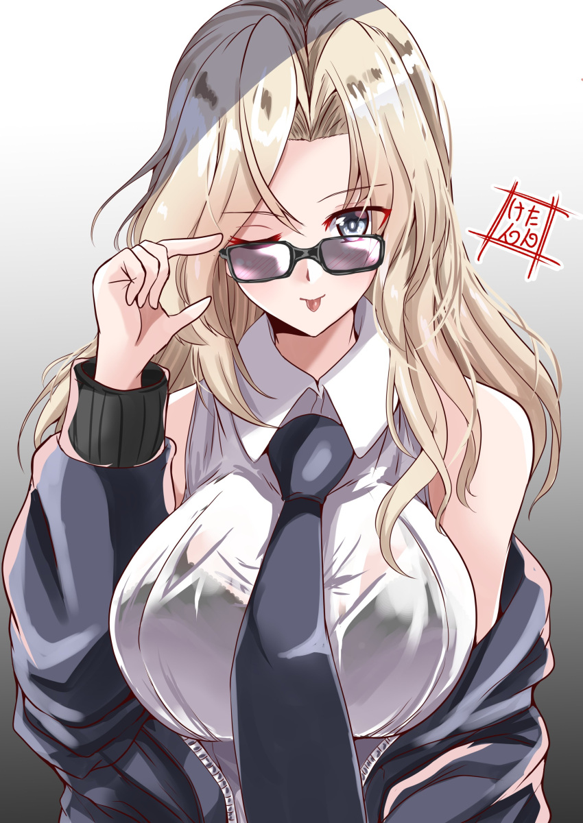 1girl absurdres artist_logo black_jacket black_neckwear blonde_hair bomber_jacket breasts commentary_request dress_shirt gradient gradient_background grey_background grey_eyes highres holding holding_eyewear hornet_(kancolle) jacket kantai_collection kentan_(kingtaiki) large_breasts long_hair looking_at_viewer looking_over_eyewear necktie shirt sleeveless sleeveless_shirt solo sunglasses tongue tongue_out upper_body white_background white_shirt