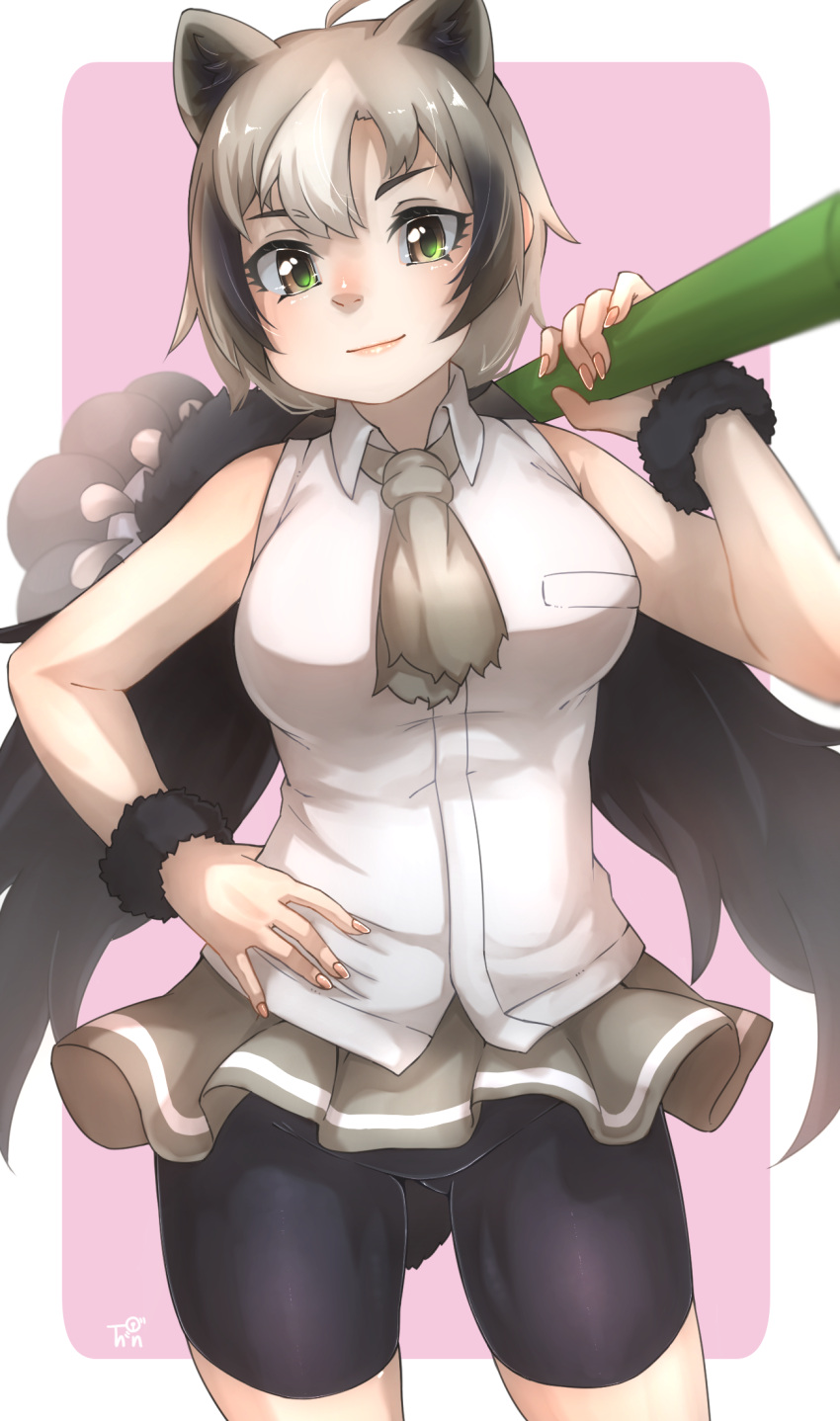 1girl animal_ear_fluff animal_ears ass_visible_through_thighs bangs bear_ears bear_paw_hammer bear_tail bike_shorts black_hair breasts brown_eyes commentary_request cowboy_shot extra_ears ezo_brown_bear_(kemono_friends) fingernails gradient_hair grey_hair grey_neckwear grey_skirt hand_on_hip hand_up highres holding holding_weapon kemono_friends light_smile long_hair looking_at_viewer low_twintails medium_breasts miniskirt multicolored_hair no_headband over_shoulder pink_background shirt simple_background skirt sleeveless sleeveless_shirt solo tail thin_(suzuneya) twintails very_long_hair weapon weapon_over_shoulder white_shirt wing_collar