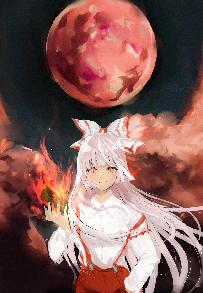 1girl absurdres bangs blunt_bangs bow breasts buttons closed_mouth collared_shirt dark_background eyebrows_visible_through_hair fire floating_hair fujiwara_no_mokou full_moon hair_bow hand_in_pocket hand_up highres huge_filesize insomnia_(lnsomnia0510) light_smile long_hair long_sleeves looking_at_viewer moon orange_eyes pants pyrokinesis red_moon red_pants shirt small_breasts smoke solo standing suspenders touhou upper_body very_long_hair white_bow white_hair white_shirt