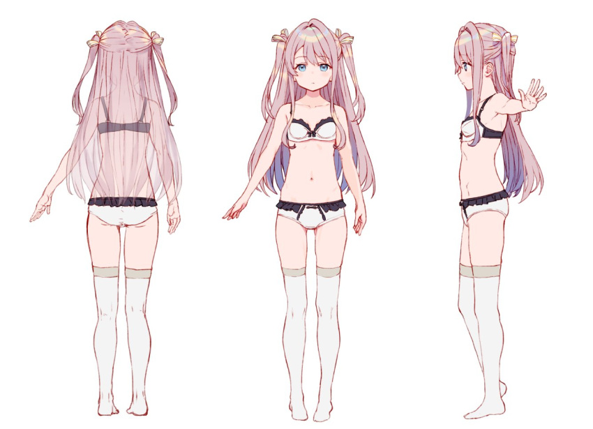 1girl arms_at_sides ass blue_eyes bow bra breasts closed_mouth eyebrows_visible_through_hair frilled_bra frilled_panties frills from_behind hair_bow long_hair looking_at_viewer multiple_views navel original outstretched_arms panties pigeon-toed pink_hair profile shirabi small_breasts spread_arms thigh-highs two_side_up underwear underwear_only white_bra white_legwear white_panties yellow_bow