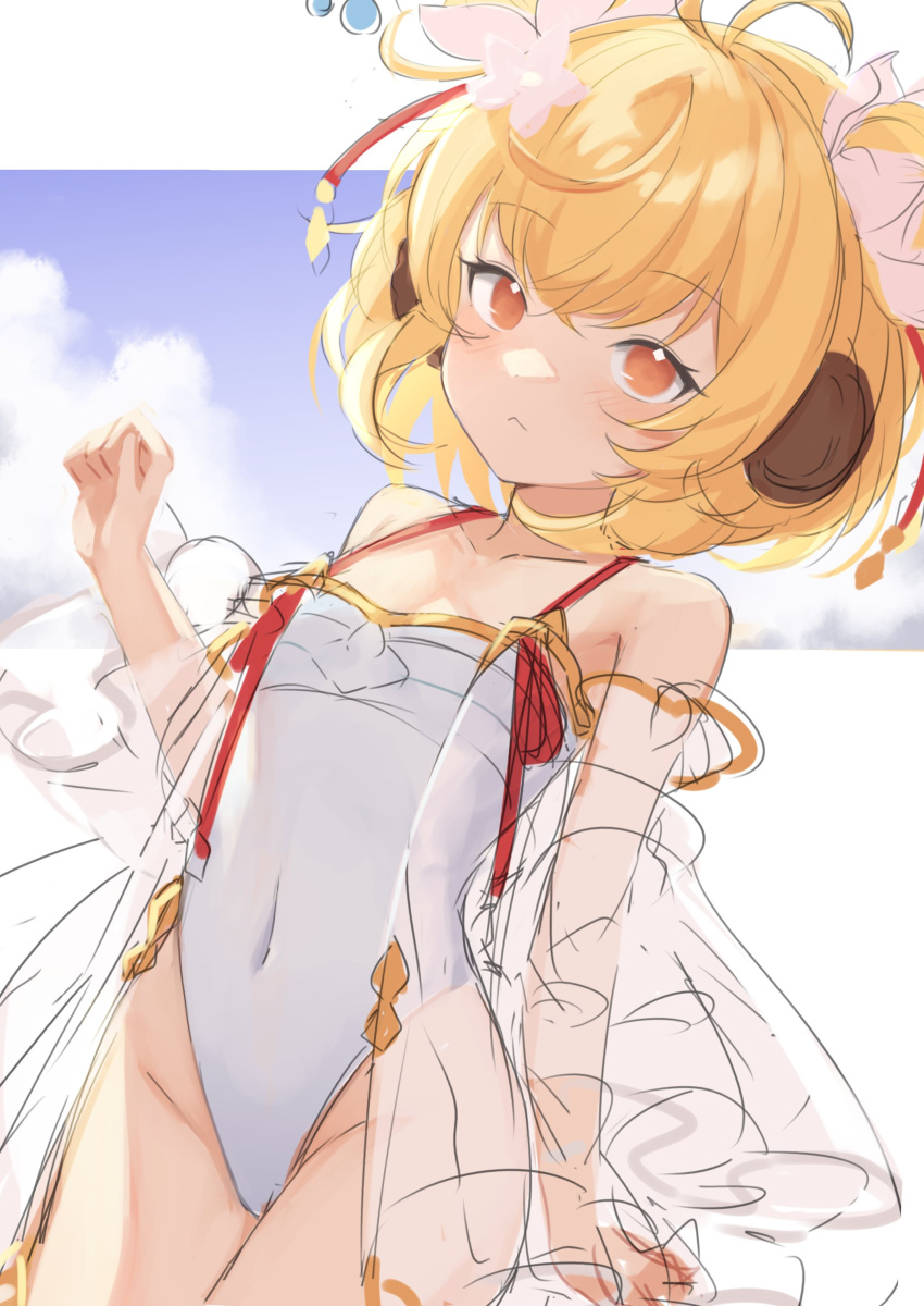 1girl :&lt; absurdres andira_(granblue_fantasy) antenna_hair bangs bare_shoulders blonde_hair breasts closed_mouth collarbone covered_navel cowboy_shot daisy day detached_sleeves dress expressionless eyebrows_visible_through_hair flower from_below gold_trim granblue_fantasy hair_between_eyes hair_flower hair_ornament hand_up highres klaius light_blush looking_at_viewer orange_eyes outdoors see-through short_hair sketch sky small_breasts solo standing white_dress white_flower work_in_progress