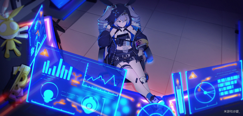 1girl absurdres bandaid bandaid_on_knee bar_graph barcode_tattoo belt breasts bronya_zaychik bullet chair doll drill_hair gloves grey_eyes highres holographic_monitor homu_(honkai_impact) honkai_(series) honkai_impact_3rd hood hood_up legs long_hair pie_chart shorts silver_hair sitting small_breasts solo tattoo