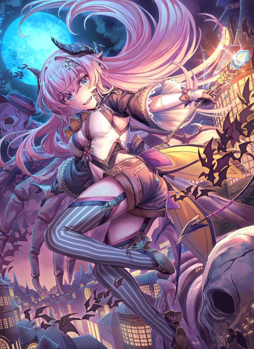 1girl :d absurdres bat blue_eyes breasts brown_gloves brown_shorts clouds demon_horns demon_tail fangs flying full_moon gloves grey_legwear high_heels highres holding holding_staff horns large_breasts long_hair looking_at_viewer moon navel open_mouth original pink_hair shichigatsu short_shorts shorts skeleton smile solo staff striped striped_legwear tail tailcoat thigh-highs vertical-striped_legwear vertical_stripes