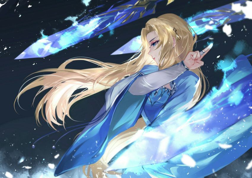 1girl bangs blonde_hair blue_eyes chinese_clothes closed_mouth floating floating_hair floating_object floating_sword floating_weapon from_side hair_ornament hanfu highres long_hair long_sleeves original parted_bangs profile solo sword vardan weapon wide_sleeves