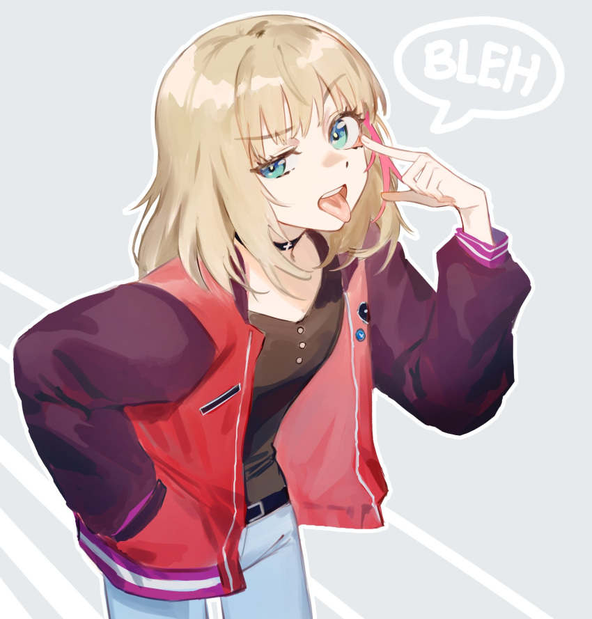 1girl :p akanbe belt black_belt black_choker black_shirt blonde_hair blue_eyes blue_pants border buttoniris choker cowboy_shot finger_to_eye flat_chest grey_background hand_in_pocket highres jacket kawai_rika leaning_forward letterman_jacket long_sleeves looking_at_viewer medium_hair multicolored_hair open_mouth pants shirt solo streaked_hair symbol_commentary tongue tongue_out white_border wonder_egg_priority