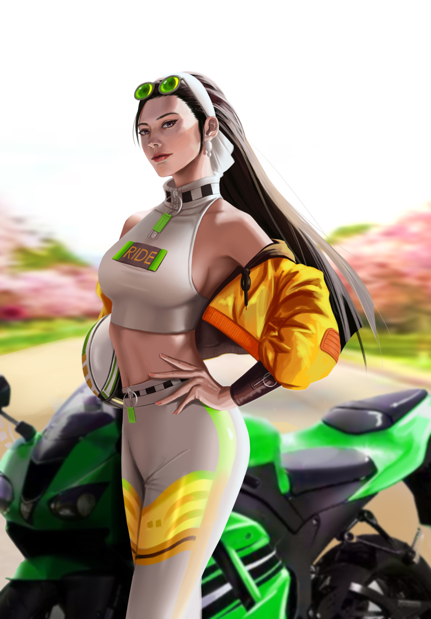 1girl absurdres blurry blurry_background booger_wang breasts brown_eyes clothes_writing collarbone crop_top cropped_jacket earrings eyeliner eyewear_on_head forehead green-tinted_eyewear ground_vehicle hair_pulled_back hairband halter_top halterneck helmet highres holding holding_helmet jacket jewelry kagura_chizuru lips long_hair looking_at_viewer makeup medium_breasts midriff motor_vehicle motorcycle motorcycle_helmet no_bra nose off_shoulder pants racequeen round_eyewear sideboob solo standing straight_hair sunglasses the_king_of_fighters tight tight_pants toned vambraces white_hairband yellow_jacket zipper_pull_tab