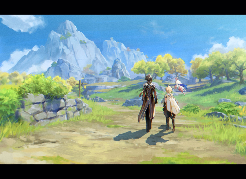 1girl 2boys aether_(genshin_impact) bell black_gloves blonde_hair blue_cape brown_hair cape clenched_hands clouds floating forest from_behind genshin_impact gloves halo highres mosako mountain multiple_boys nature paimon_(genshin_impact) scenery sky tree walking wall white_cape white_hair zhongli_(genshin_impact)