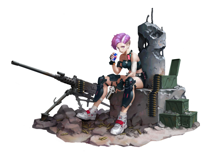 1girl absurdres airpods ammunition_belt ammunition_box armband armor asymmetrical_hair bandaged_arm bandages bandeau bare_shoulders belt belt_pouch bendy_straw black_gloves black_shorts breasts can cellphone chest_harness dog_tags drink drinking_straw energy_drink eyebrow_piercing fingerless_gloves full_body garam_jeong_(malgam) gloves greaves gun handgun harness heavy_machine_gun highres holding holding_can holding_gun holding_weapon knee_pads lips looking_at_viewer loose_socks machine_gun medium_breasts nose original phone piercing pistol pouch product_placement purple_hair red_bull ruins shell_casing shoes short_hair short_shorts shorts sitting smartphone sneakers solo strapless trigger_discipline tripod violet_eyes weapon white_background white_belt white_footwear wireless_earphones