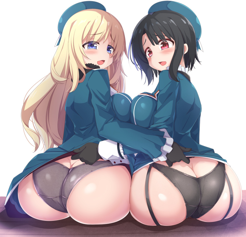 2girls absurdres ass atago_(kancolle) black_gloves black_hair black_panties blonde_hair blush breast_press breasts butt_crack commentary_request commission dress dress_lift garter_straps gloves grey_panties hat highres kantai_collection kurokoshou_(emuburemu123) large_breasts long_hair looking_at_viewer looking_back multiple_girls panties panties_under_pantyhose pantyhose red_eyes short_hair sitting skeb_commission takao_(kancolle) underwear violet_eyes