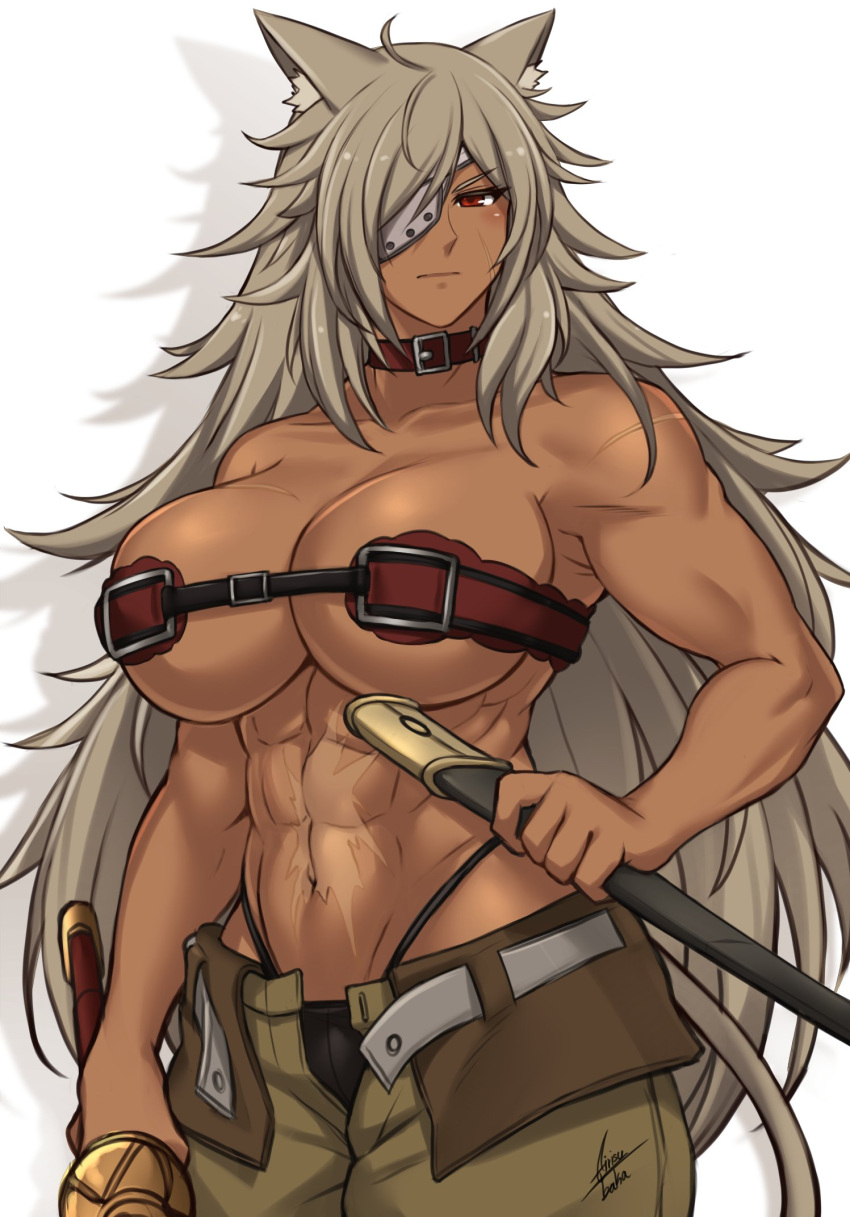 1girl abs airisubaka animal_ear_fluff animal_ears bare_shoulders breasts brown_eyes cat_ears cat_girl collar collarbone commentary cowboy_shot dark_skin english_commentary eyepatch ghislaine_dedoldia highres holding holding_sheath holding_sword holding_weapon large_breasts long_hair looking_at_viewer muscular muscular_female mushoku_tensei navel scar sheath simple_background solo sword weapon white_background