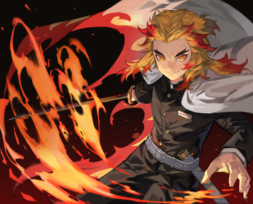1boy :&gt; absurdres belt belt_buckle black_pants blonde_hair buckle buttons cape chyoel closed_mouth colored_tips fire furrowed_eyebrows gakuran gradient gradient_background highres holding holding_sword holding_weapon katana kimetsu_no_yaiba long_hair long_sleeves looking_at_viewer male_focus multicolored_hair pants redhead rengoku_kyoujurou scabbard school_uniform sheath smile solo sword topknot tsurime two-tone_hair unsheathed v-shaped_eyebrows veins weapon white_cape yellow_eyes