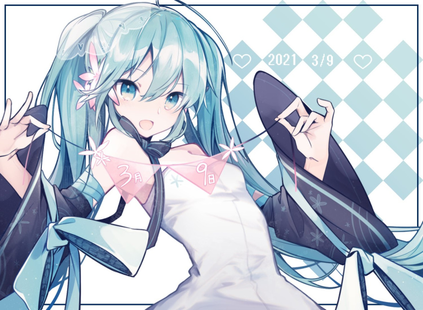 1girl 39 aqua_eyes aqua_hair aqua_ribbon bare_shoulders black_ribbon black_sleeves checkered checkered_background chuuko_anpu dated detached_sleeves dress floral_print flower hair_flower hair_ornament hands_up hatsune_miku heart holding_string leaning_back long_hair looking_at_viewer neck_ribbon open_mouth pink_flower ribbon smile solo strapless strapless_dress string_of_flags striped striped_ribbon twintails upper_body very_long_hair vocaloid white_dress
