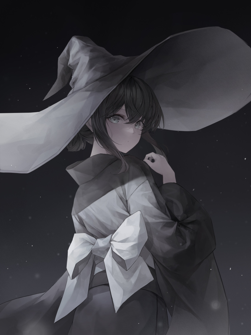 1girl absurdres bangs black_dress black_hair bow commentary crystalherb dark_background dress dress_bow grey_bow grey_eyes grey_headwear hair_bun hat highres japanese_clothes kimono looking_at_viewer looking_back original sidelocks solo symbol-only_commentary witch witch_hat