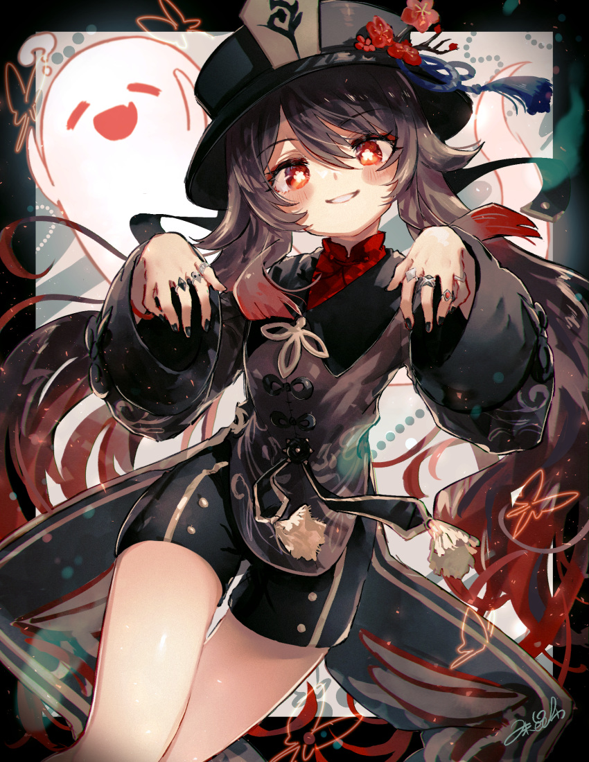 1girl black_headwear black_shorts blush brown_hair chinese_clothes fingers genshin_impact ghost hands highres hu_tao jewelry long_sleeves looking_at_viewer nail_polish red_eyes ring shorts smile symbol-shaped_pupils syukonbu tailcoat wide_sleeves