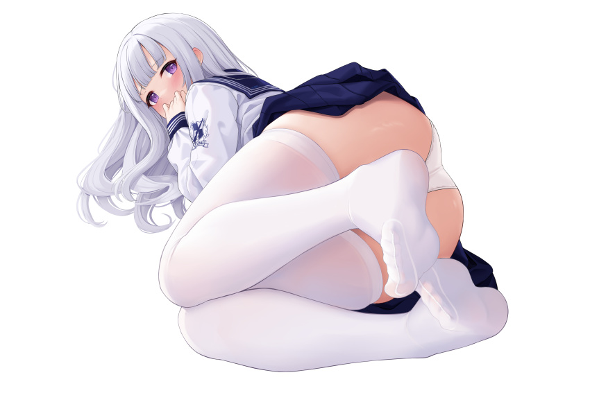 1girl absurdres allenes ass bangs blue_sailor_collar blue_skirt blush commentary_request eyebrows_visible_through_hair feet from_behind hand_to_own_mouth highres legs long_hair long_sleeves looking_at_viewer lying miniskirt no_shoes on_side original panties pantyshot pleated_skirt sailor_collar school_uniform serafuku shirt skindentation skirt soles solo thigh-highs thighs toe_scrunch toenails toes underwear violet_eyes white_background white_hair white_legwear white_panties white_shirt