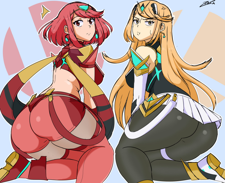 2girls absurdres ass bangs bare_legs bare_shoulders black_gloves blonde_hair breasts chest_jewel dress earrings elbow_gloves fingerless_gloves gem gloves headpiece highres jewelry large_breasts long_hair multiple_girls mythra_(massive_melee)_(xenoblade) mythra_(xenoblade) pyra_(xenoblade) red_legwear red_shorts redhead short_dress short_hair short_shorts shorts smash_invitation super_smash_bros. swept_bangs thigh-highs tiara very_long_hair white_dress white_gloves xenoblade_chronicles_(series) xenoblade_chronicles_2 yellow_eyes zero_momentai