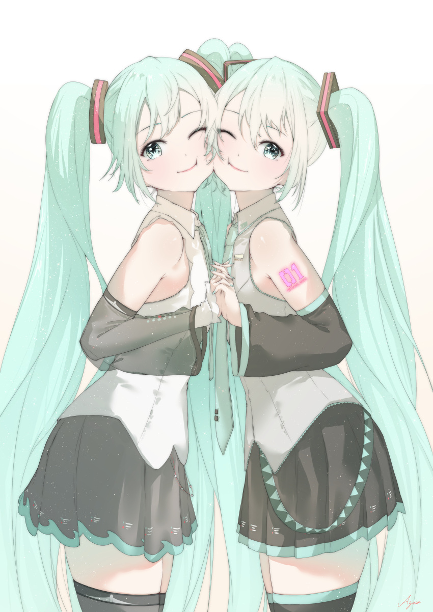 2girls absurdres arm_tattoo azusa_(azunyan12) bangs black_skirt blue_eyes boots breasts detached_sleeves dual_persona eyebrows_behind_hair gradient gradient_background hair_between_eyes hatsune_miku hatsune_miku_(nt) highres holding_hands long_hair looking_at_viewer looking_to_the_side multiple_girls one_eye_closed skirt small_breasts smile tattoo thigh-highs thigh_boots twintails very_long_hair vocaloid