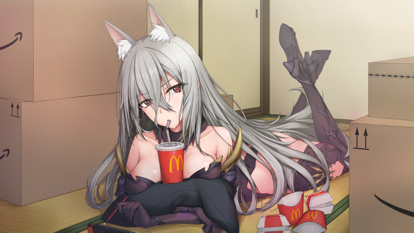 1girl animal_ears bare_shoulders breasts collarbone fox_ears fox_girl ghound grey_hair high_heels highres legs_up long_hair lying mana_senri_(princess_connect!) mcdonald's medium_breasts nintendo_switch on_floor on_stomach princess_connect! princess_connect!_re:dive red_eyes solo very_long_hair