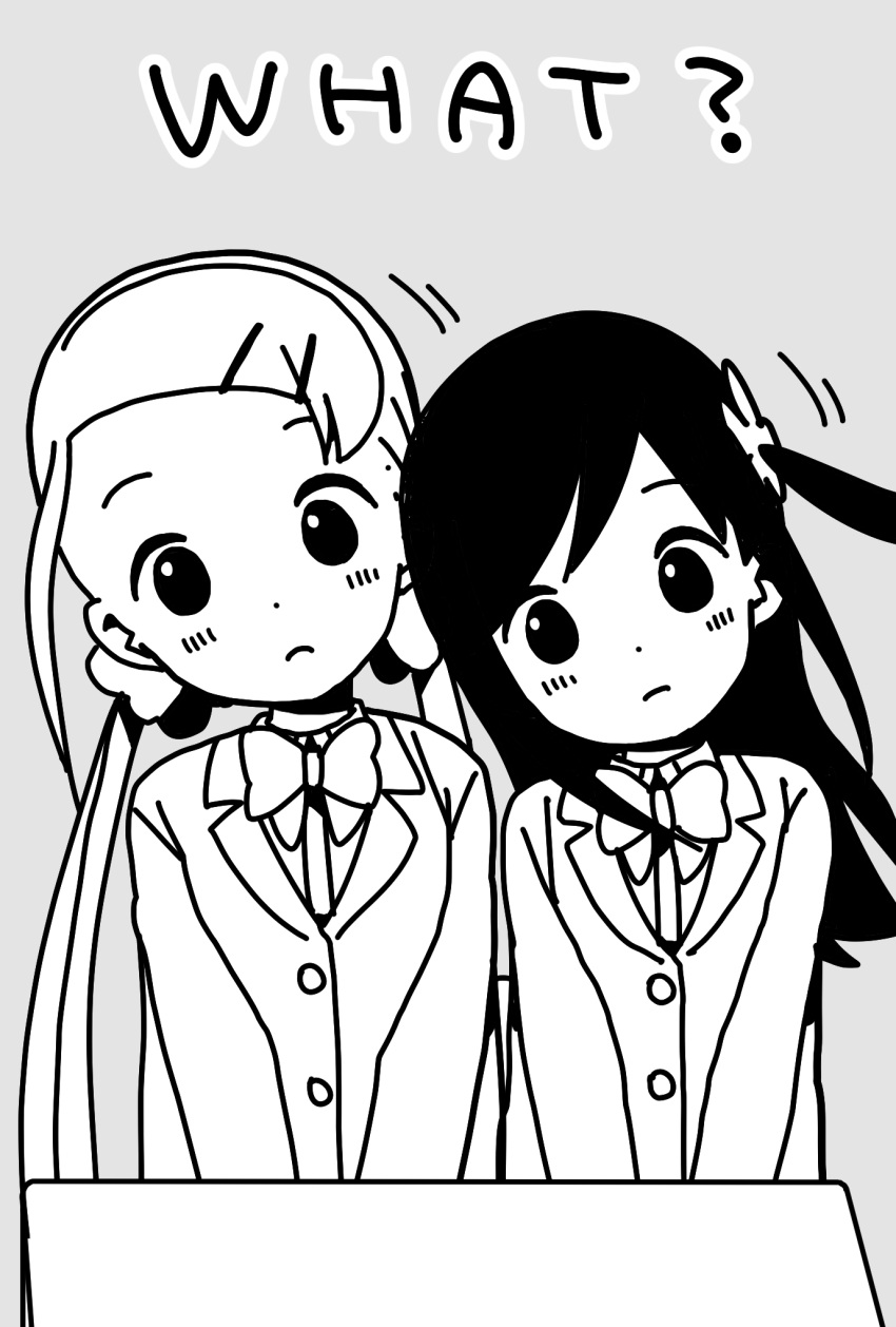 2girls alternate_hairstyle bangs blazer blush bow bowtie buttons closed_mouth collared_shirt commentary_request dot_nose english_text flower grey_background greyscale hair_flower hair_ornament hair_scrunchie hairclip head_tilt highres hitori_bocchi hitoribocchi_no_marumaru_seikatsu jacket katsuwo_(cr66g) long_hair long_sleeves looking_at_viewer monochrome motion_lines multiple_girls school_uniform scrunchie shirt side_ponytail simple_background sotoka_rakita twintails upper_body very_long_hair