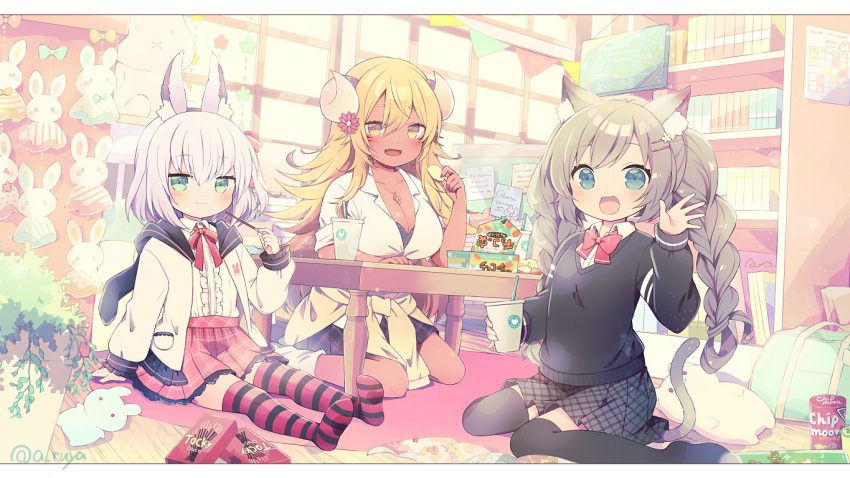 3girls :3 :d animal_ears aruya_(flosrota) bag black_legwear blonde_hair blue_eyes book bookshelf bow bowtie box braid breasts cat_ears cat_girl cat_tail character_request commission copyright_request cup dark_skin disposable_cup dress_shirt eating fang flat_chest food frilled_skirt frills green_eyes hood hood_down hoodie horns large_breasts long_hair long_sleeves looking_at_viewer miniskirt multiple_girls open_mouth plaid plaid_skirt plant pleated_skirt pocky potted_plant purple_legwear rabbit_ears shirt short_hair sitting skirt sleeves_past_wrists smile striped striped_legwear stuffed_animal stuffed_bunny stuffed_cat stuffed_toy sweater table tail thigh-highs twin_braids wariza white_hair white_shirt yellow_eyes zettai_ryouiki