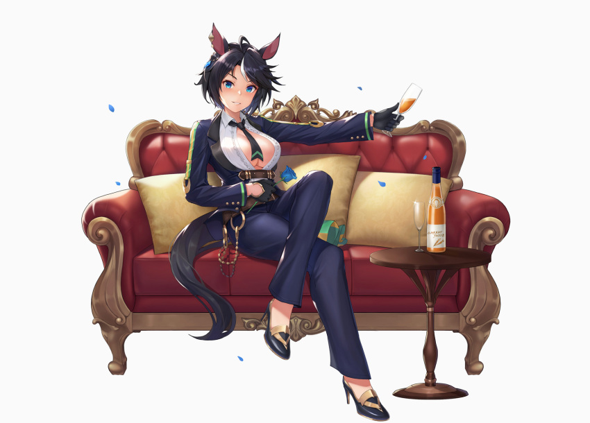 1girl ahoge animal_ears bangs black_footwear black_gloves black_hair black_neckwear blue_eyes blue_flower blue_jacket blue_pants bottle breasts collared_shirt commentary couch crossed_legs cup drinking_glass flower fuji_kiseki_(umamusume) full_body gloves hair_ornament hand_up high_heels highres holding holding_cup holding_flower horse_ears horse_girl horse_tail jacket juice large_breasts long_sleeves looking_at_viewer multicolored_hair necktie on_couch open_clothes open_jacket open_shirt pants parted_lips pillow shirt short_hair simple_background sitting solo streaked_hair table tail umamusume vococo white_background white_hair white_shirt
