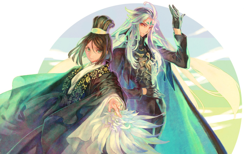 2boys alternate_costume androgynous aqua_hair azuma_tou black_gloves blue_hair chinese_clothes chinese_hat expressionless eyeshadow face fate/grand_order fate_(series) feather_fan feet_out_of_frame forehead_jewel formal gloves hat long_hair looking_at_viewer makeup male_focus multicolored_hair multiple_boys orange_eyes qin_shi_huang_(fate) red_eyeshadow sidelocks smile streaked_hair very_long_hair waver_velvet white_hair