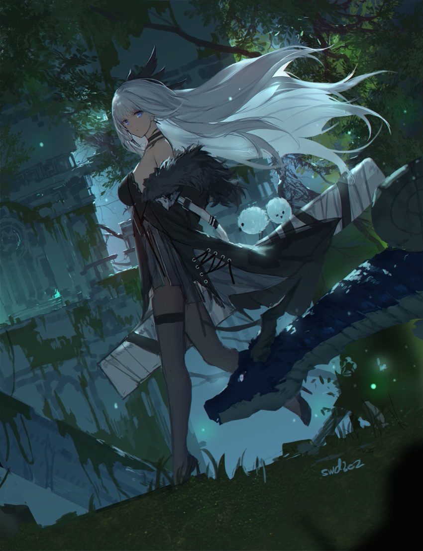 1girl black_dress black_legwear blue_eyes commentary_request dragon dress dutch_angle earrings full_body fur_trim high_heels highres jewelry leaf long_hair looking_at_viewer outdoors pantyhose pixiv_fantasia pixiv_fantasia_mountain_of_heaven signature silver_hair sleeveless sleeveless_dress solo swd3e2 tree walking