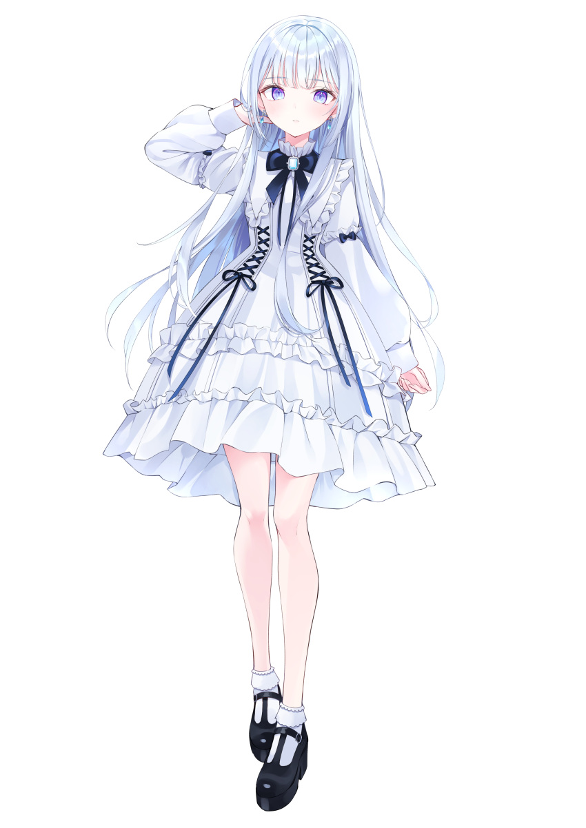 1girl absurdres blue_eyes earrings frills full_body highres jewelry long_hair looking_at_viewer nabi_(uz02) official_art shiratori_rena silver_hair simple_background solo virtual_youtuber voice-ore white_background
