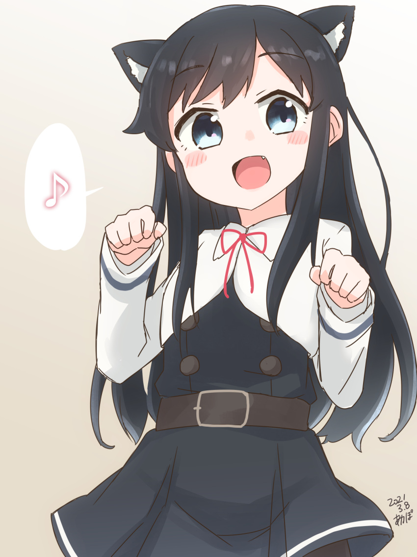 1girl akapocho animal_ears asashio_(kancolle) black_hair blue_eyes cat_ears cowboy_shot dated dress eighth_note fang grey_background highres kantai_collection long_hair long_sleeves looking_at_viewer musical_note paw_pose pinafore_dress remodel_(kantai_collection) shirt signature solo spoken_musical_note white_shirt