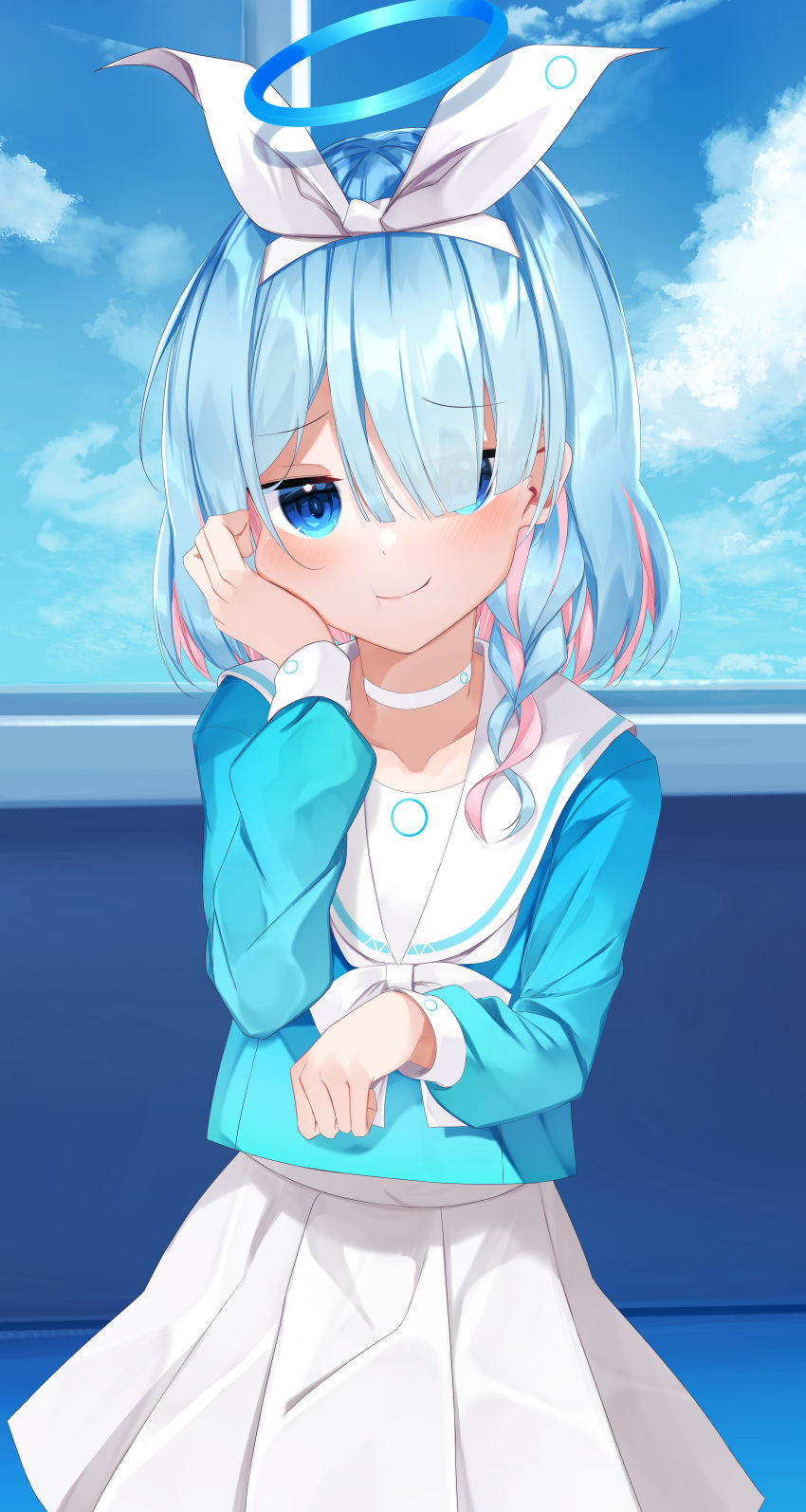 1girl :t absurdres arona_(blue_archive) blue_archive blue_eyes blue_hair blue_shirt blue_sky bow braid choker closed_mouth clouds cloudy_sky collarbone commentary_request day hair_over_one_eye hair_ribbon hairband halo highres indoors long_hair long_sleeves looking_at_viewer multicolored_hair pink_hair pleated_skirt ribbon sailor_collar school_uniform serafuku shirt skirt sky smile solo suisen-21 two-tone_hair white_bow white_choker white_hairband white_ribbon white_sailor_collar white_skirt