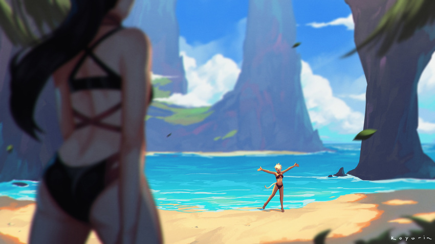 2girls ass beach bikini black_bikini black_hair blonde_hair blurry blurry_background blurry_foreground breasts dark_skin dark-skinned_female day elezen elf facing_away final_fantasy final_fantasy_xiv hair_over_one_eye highres hilda_ware hybrid hyur koyorin leaf long_hair looking_at_viewer medium_breasts miqo'te multiple_girls one-piece_swimsuit open_mouth outdoors outstretched_arms pointy_ears ponytail short_hair spread_arms swimsuit water wind