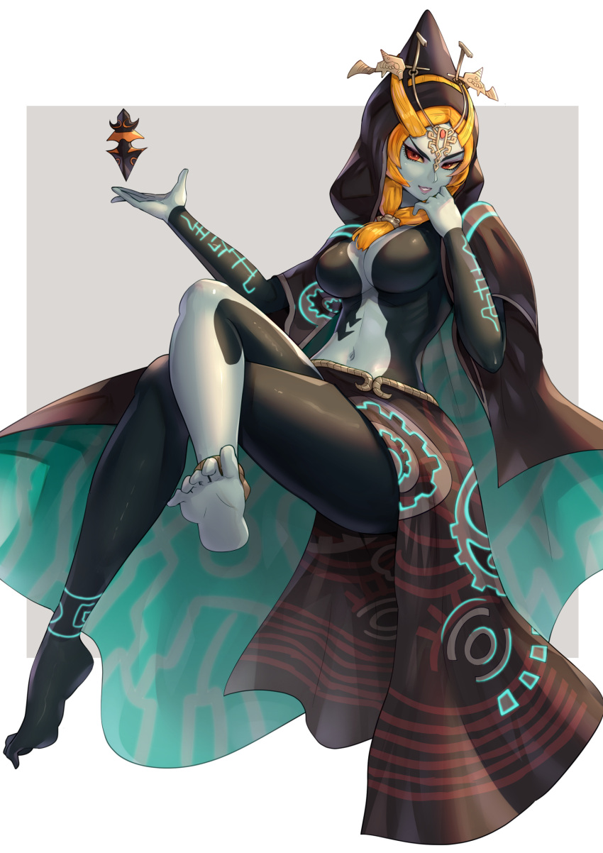 1girl anklet barefoot black_skin blue_skin border breasts colored_sclera colored_skin floating full_body gonzarez grey_background highres hood hood_up jewelry large_breasts levitation midna midna_(true) navel no_nipples orange_eyes orange_hair solo the_legend_of_zelda the_legend_of_zelda:_twilight_princess white_border yellow_sclera