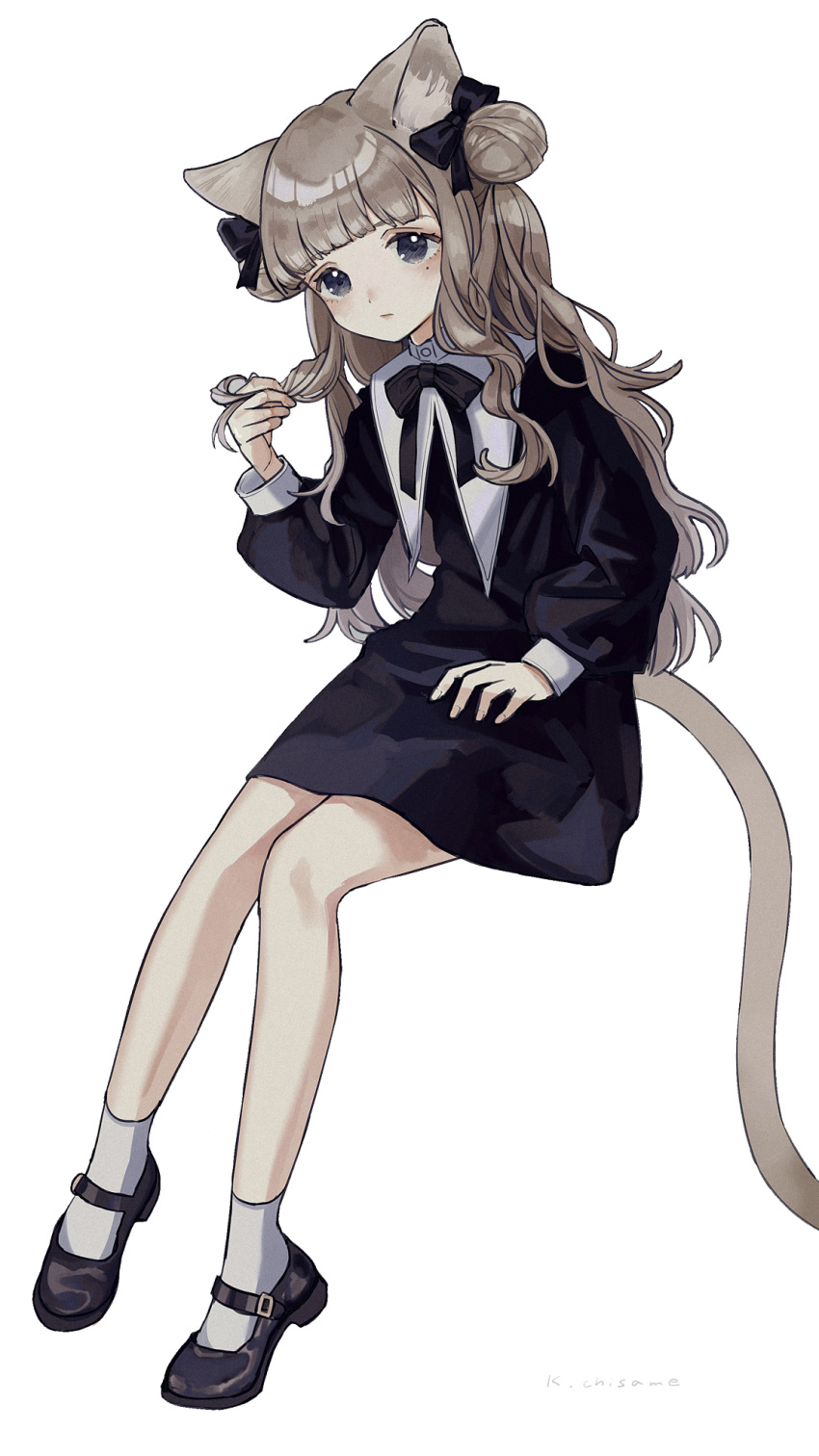 1girl animal_ear_fluff animal_ears black_bow black_dress black_footwear blush bow brown_hair cat_ears cat_girl cat_tail closed_mouth commentary_request double_bun dress full_body grey_eyes hair_bow hand_up highres kashiwagi_chisame long_hair long_sleeves making-of_available mole mole_under_eye original puffy_long_sleeves puffy_sleeves shoes simple_background sitting sleeves_past_wrists socks solo tail very_long_hair white_background white_legwear