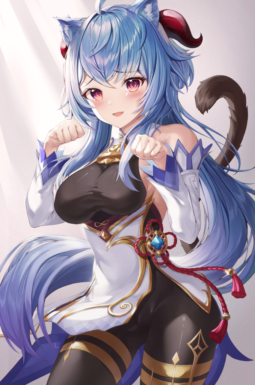 1girl ahoge animal_ears bare_shoulders bell black_leotard blue_hair breasts cat_ears cowbell cowboy_shot detached_collar detached_sleeves ganyu_(genshin_impact) genshin_impact goat_horns gold_trim hands_up highres horns kemonomimi_mode leotard long_hair long_sleeves looking_at_viewer low_ponytail medium_breasts open_mouth pelvic_curtain red_eyes smile solo tassel very_long_hair wakum