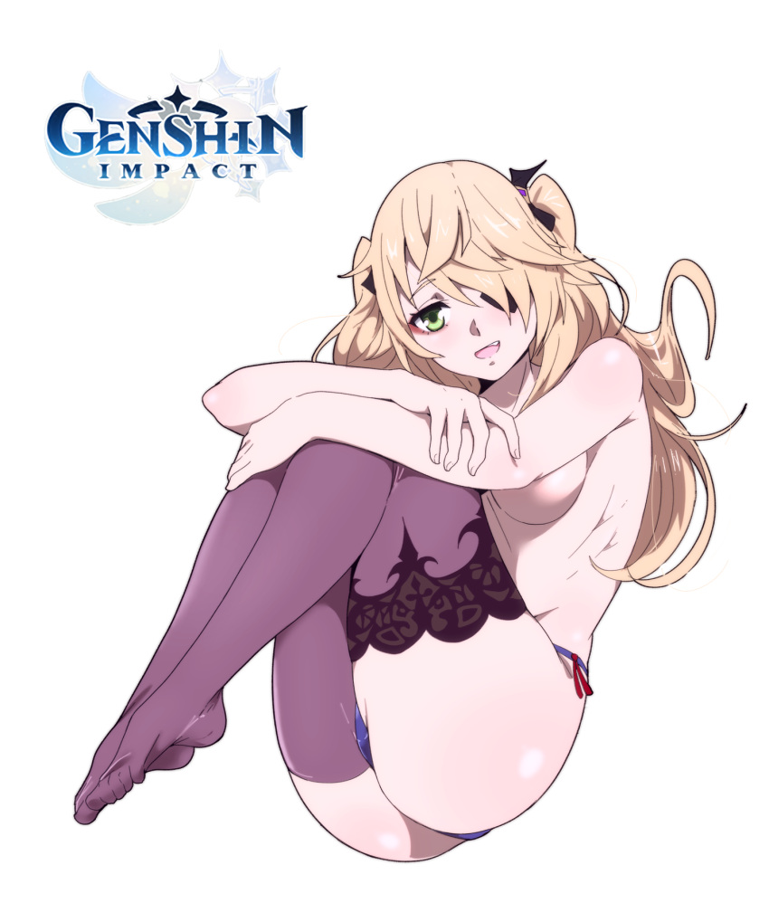 1girl bare_arms bare_back bare_shoulders black_legwear black_nails blonde_hair blue_panties eyepatch feet fischl_(genshin_impact) genshin_impact green_eyes headgear highres long_hair looking_at_viewer no_bra no_shoes open_mouth panties pantyhose sbel02 soles thigh-highs topless twintails underwear