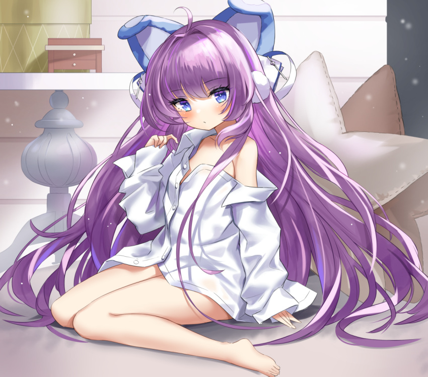 1girl alternate_costume azur_lane bare_legs barefoot bed blue_eyes blush collarbone commentary_request full_body hair_ornament kiki-yu looking_at_viewer pillow purple_hair shirt solo tashkent_(azur_lane) toes