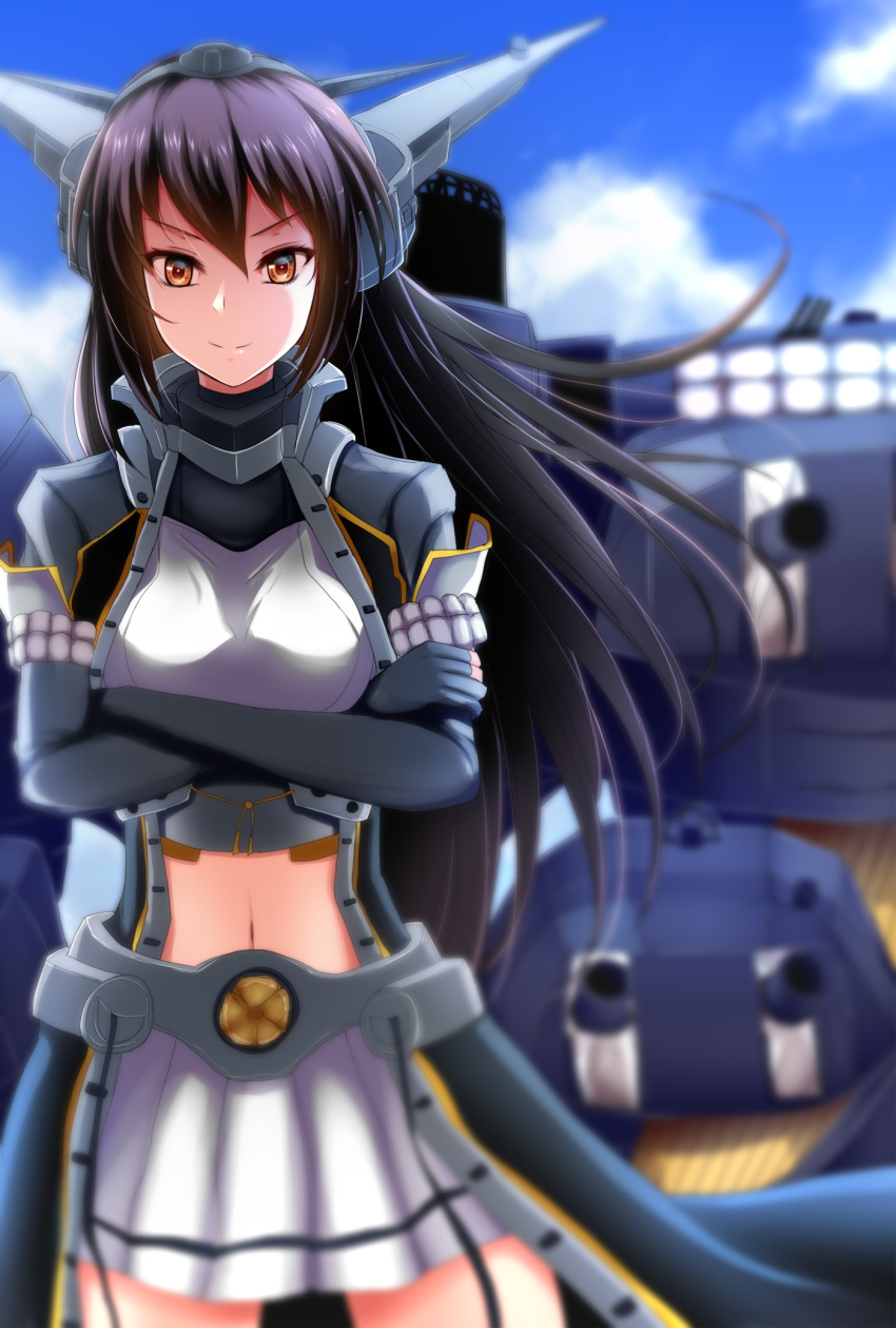 1girl black_gloves black_hair blue_sky cannon clouds cowboy_shot day elbow_gloves fingerless_gloves gloves headgear highres kantai_collection long_hair miniskirt nagato_(kancolle) nuka_(nvkka) outdoors pleated_skirt red_eyes remodel_(kantai_collection) rigging skirt sky solo standing thigh-highs turret white_skirt